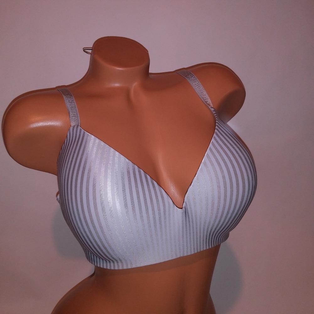Victoria Secret Bra 38DD T Shirt Lightly Lined Gray Stripe Wireless